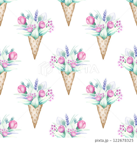 Bouquet of flowers in waffle cone. Hand draw watercolor isolated seamless pattern in green, pink and beige colors for Mother and Women Day greeting card template, textile, fabric and weddings designs. 122678325