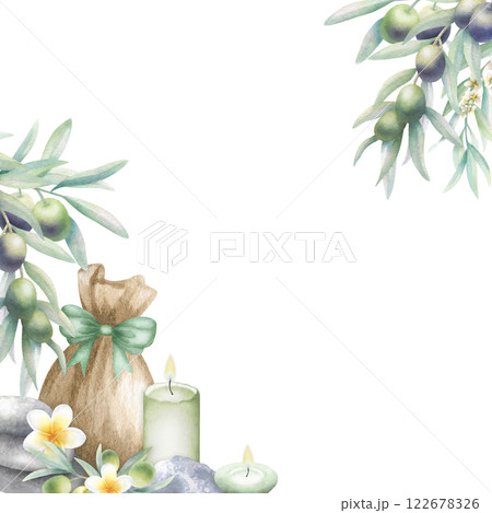 Olive branches, candles, sack with sea salt, stack pebbles and plumeria flowers. Hand drawn watercolor isolated square frame with copy space of ecological organic skincare cosmetics for spa design. 122678326