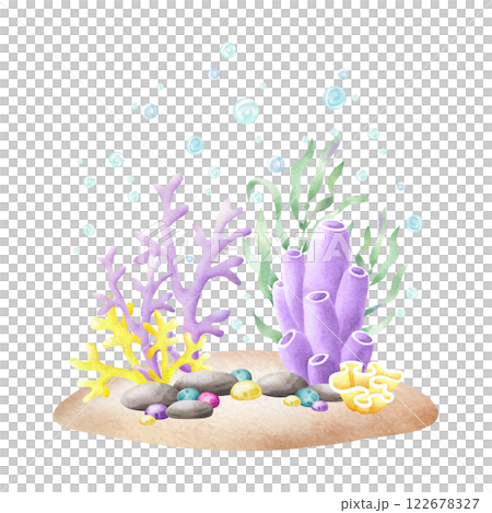 Seabed with seaweed, coral, pebbles, stones, bubbles watercolor isolated illustration in cartoon style. Hand drawn ocean bottom in yellow, lilac and green colors for kids nautical and marine designs. Seabed with seaweed, coral, pebbles, stones, bubbles watercolor isolated illustration in cartoon style. Hand drawn ocean bottom in yellow, lilac and green colors for kids nautical and marine designs. 122678327