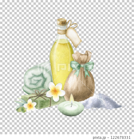 Olive massage oil, aleppo soap, sack with sea salt, terrycloth towel, candle and plumeria flowers. Hand drawn watercolor isolated illustration of ecological organic bodycare products for spa design. 122678331