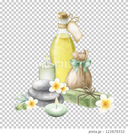 Olive massage oil, aleppo soap, sack with sea salt, stack pebbles, candles and plumeria flowers. Hand drawn watercolor isolated illustration of ecological organic skincare cosmetics for spa design. 122678332