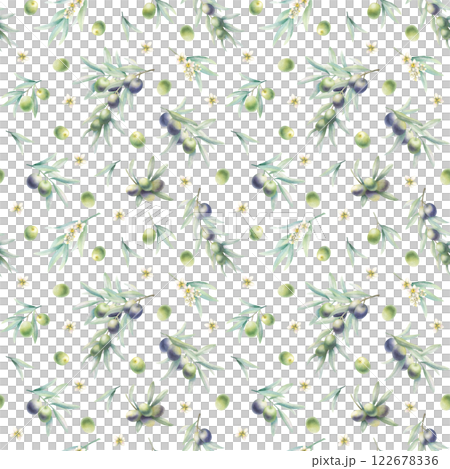Olive branches with leaves, fruits and flowers in realistic style seamless pattern. Hand drawn botanical greenery watercolor isolated illustration with green and black olives for packaging, fabrics. Olive branches with leaves, fruits and flowers in realistic style seamless pattern. Hand drawn botanical greenery watercolor isolated illustration with green and black olives for packaging, fabrics. 122678336