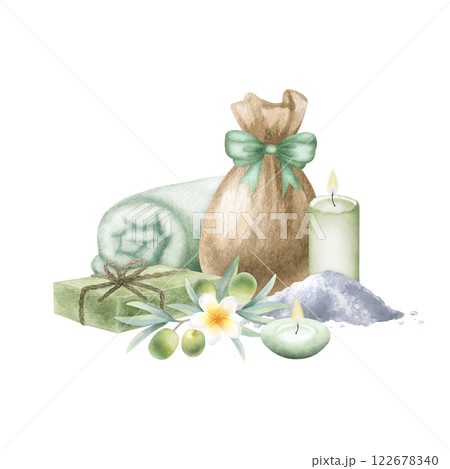Olive aleppo soap, candles, sack with sea salt, terrycloth towel, olives and plumeria flower. Hand drawn watercolor isolated illustration of ecological organic skincare cosmetics for resort design. 122678340