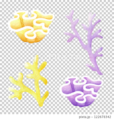 Coral in pastel lilac and yellow color watercolor isolated illustration set in cartoon style. Sketch of marine fauna. Hand drawn underwater sea colorful reef for kids marine design and nautical print. Coral in pastel lilac and yellow color watercolor isolated illustration set in cartoon style. Sketch of marine fauna. Hand drawn underwater sea colorful reef for kids marine design and nautical print. 122678342