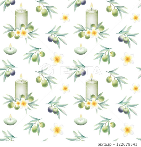 Candles, plumeria flowers and olive branches. Hand drawn watercolor isolated seamless pattern with frangipani. Illustration for banner or backdrop, packaging paper, textile, fabrics, spa salon design. Candles, plumeria flowers and olive branches. Hand drawn watercolor isolated seamless pattern with frangipani. Illustration for banner or backdrop, packaging paper, textile, fabrics, spa salon design. 122678343