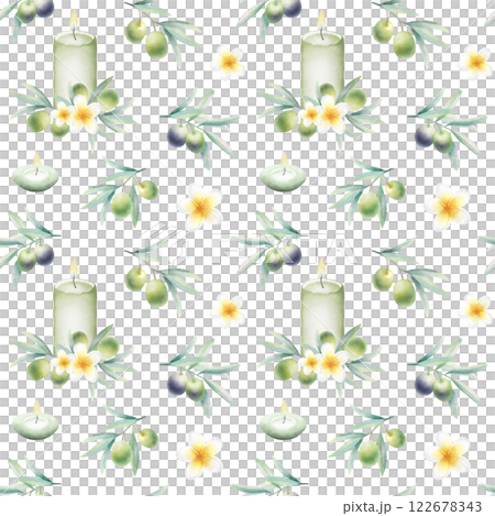 Candles, plumeria flowers and olive branches. Hand drawn watercolor isolated seamless pattern with frangipani. Illustration for banner or backdrop, packaging paper, textile, fabrics, spa salon design. 122678343