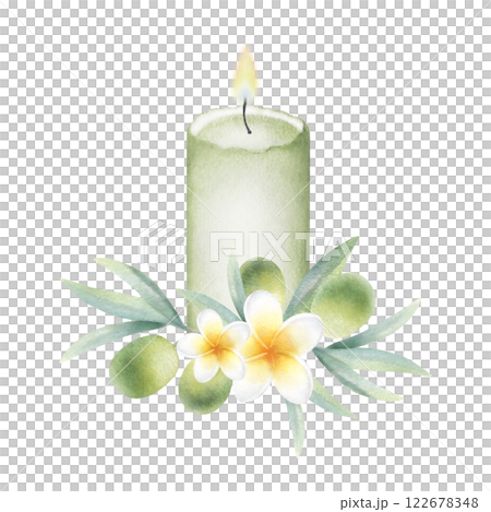 Candle, plumeria flowers and olive branch. Hand drawn watercolor isolated illustration of interior decor with frangipani. Cozy object for aromatherapy. Sketch for relax, meditation, spa or zen design. Candle, plumeria flowers and olive branch. Hand drawn watercolor isolated illustration of interior decor with frangipani. Cozy object for aromatherapy. Sketch for relax, meditation, spa or zen design. 122678348