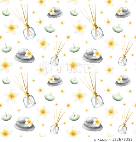 Aroma diffuser, candles, plumeria flowers and stack pebbles. Hand drawn watercolor isolated seamless pattern with frangipani for banner or backdrop, packaging paper, textile, fabric, spa salon design. Aroma diffuser, candles, plumeria flowers and stack pebbles. Hand drawn watercolor isolated seamless pattern with frangipani for banner or backdrop, packaging paper, textile, fabric, spa salon design. 122678352