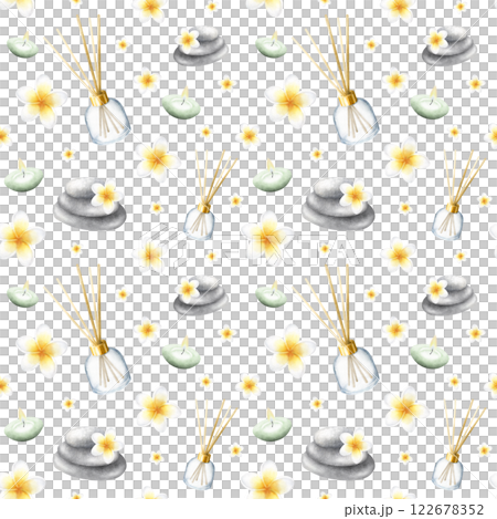 Aroma diffuser, candles, plumeria flowers and stack pebbles. Hand drawn watercolor isolated seamless pattern with frangipani for banner or backdrop, packaging paper, textile, fabric, spa salon design. Aroma diffuser, candles, plumeria flowers and stack pebbles. Hand drawn watercolor isolated seamless pattern with frangipani for banner or backdrop, packaging paper, textile, fabric, spa salon design. 122678352