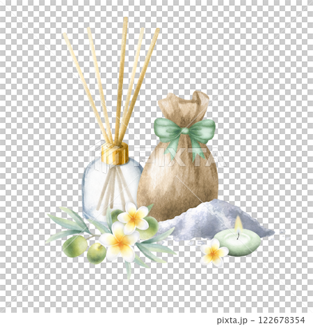 Aroma diffuser, sea salt sack, candle, olive branch and plumeria flowers. Hand drawn watercolor isolated illustration of skin care products and aromatherapy. Drawing of eco cosmetics for spa design. 122678354