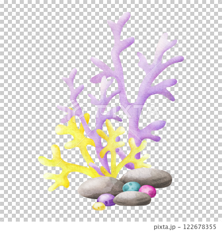 Corals, pebbles, stones watercolor isolated illustration in cartoon style. Hand drawn sea underwater colourful composition in yellow, lilac and green colors for kids marine design and nautical prints. Corals, pebbles, stones watercolor isolated illustration in cartoon style. Hand drawn sea underwater colourful composition in yellow, lilac and green colors for kids marine design and nautical prints. 122678355