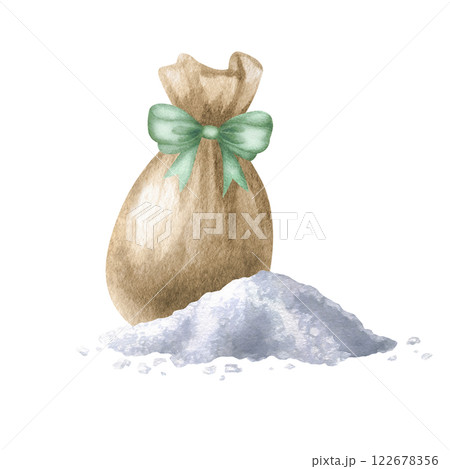 Sea salt scattered and in brown sack with green bow. Hand drawn watercolor isolated illustration of skin care product and aromatherapy. Drawing of ecological organic bodycare cosmetics for spa design. Sea salt scattered and in brown sack with green bow. Hand drawn watercolor isolated illustration of skin care product and aromatherapy. Drawing of ecological organic bodycare cosmetics for spa design. 122678356