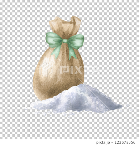 Sea salt scattered and in brown sack with green bow. Hand drawn watercolor isolated illustration of skin care product and aromatherapy. Drawing of ecological organic bodycare cosmetics for spa design. Sea salt scattered and in brown sack with green bow. Hand drawn watercolor isolated illustration of skin care product and aromatherapy. Drawing of ecological organic bodycare cosmetics for spa design. 122678356