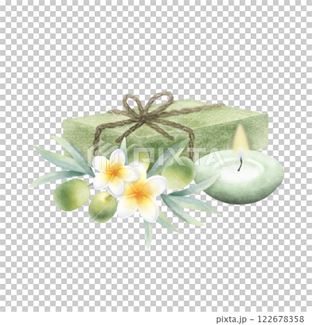 Olive aleppo soap, candle, olive branch and plumeria flowers. Hand drawn watercolor isolated illustration of eco cosmetic product and aromatherapy. Ecological product for bath relaxes, spa design. 122678358
