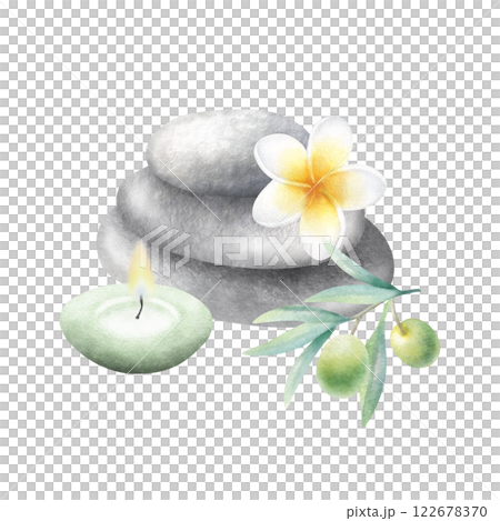 Stack of flat grey pebbles with plumeria flower, candle and olive branch. Hand drawn watercolor illustration of smooth stones with frangipani isolated from background. Drawing for spa or zen design. 122678370