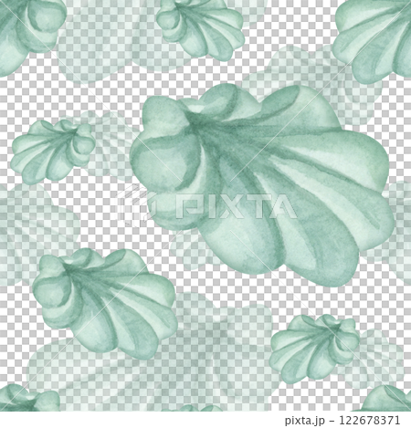 Marshmallow with mint watercolor seamless pattern in light green colors. Hand drawn isolated illustration delicious dessert for kitchen textile, fabric, food packaging, healthy food and cookbooks. Marshmallow with mint watercolor seamless pattern in light green colors. Hand drawn isolated illustration delicious dessert for kitchen textile, fabric, food packaging, healthy food and cookbooks. 122678371