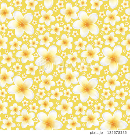 Plumeria flowers in pastel yellow and white color. Hand drawn watercolor seamless pattern of delicate frangipani on yellow. Drawing of tropic plant for packaging paper, textile, fabric and spa design. 122678386
