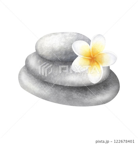 Stack of flat grey pebbles with plumeria flower. Hand drawn watercolor illustration of balancing smooth stones with frangipani isolated from background. Drawing for meditation, spa or Zen design. 122678401