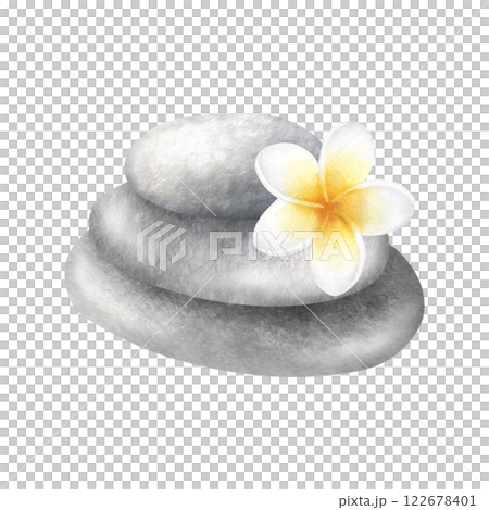 Stack of flat grey pebbles with plumeria flower. Hand drawn watercolor illustration of balancing smooth stones with frangipani isolated from background. Drawing for meditation, spa or Zen design. Stack of flat grey pebbles with plumeria flower. Hand drawn watercolor illustration of balancing smooth stones with frangipani isolated from background. Drawing for meditation, spa or Zen design. 122678401