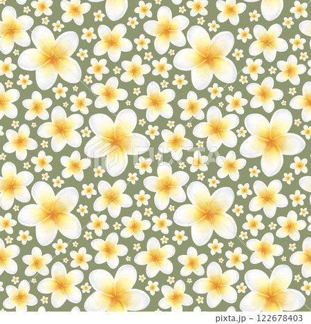 Plumeria flower in pastel yellow and white color. Hand drawn watercolor seamless pattern of delicate frangipani on olive background. Drawing of tropic plant for packaging, textile, fabric, spa design. 122678403