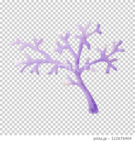 Coral in pastel lilac color watercolor isolated illustration in cartoon style. Sketch of marine fauna and ocean life. Hand drawn underwater sea purple reef for kids marine design and nautical print. 122678404