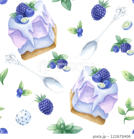 Cakes with blueberry, blackberry and mint, wild berries and silver spoons watercolor isolated seamless pattern. Hand drawn illustration in purple and green color for kitchen textile, design of pastry. 122678406