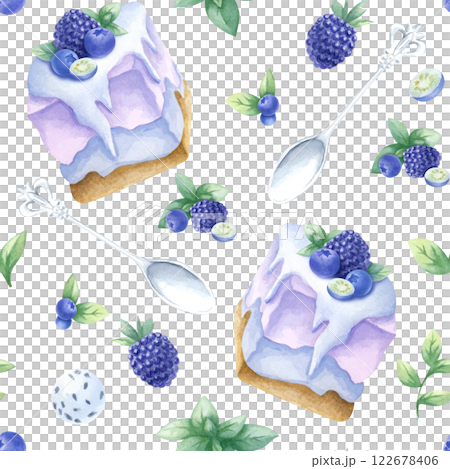 Cakes with blueberry, blackberry and mint, wild berries and silver spoons watercolor isolated seamless pattern. Hand drawn illustration in purple and green color for kitchen textile, design of pastry. 122678406