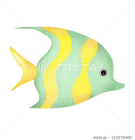 Tropical little yellow green fish. Kids watercolor isolated illustration in cartoon style. Hand drawn sea stylized character for invitation, postcard, baby shower, nautical and marine designs. 122678408
