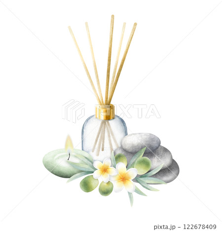 Aroma diffuser, candle, stack of flat grey pebbles, olive branch and plumeria flowers. Hand drawn watercolor isolated illustration of products aromatherapy. Drawing for meditation, spa or zen design. Aroma diffuser, candle, stack of flat grey pebbles, olive branch and plumeria flowers. Hand drawn watercolor isolated illustration of products aromatherapy. Drawing for meditation, spa or zen design. 122678409