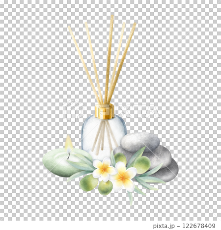 Aroma diffuser, candle, stack of flat grey pebbles, olive branch and plumeria flowers. Hand drawn watercolor isolated illustration of products aromatherapy. Drawing for meditation, spa or zen design. Aroma diffuser, candle, stack of flat grey pebbles, olive branch and plumeria flowers. Hand drawn watercolor isolated illustration of products aromatherapy. Drawing for meditation, spa or zen design. 122678409