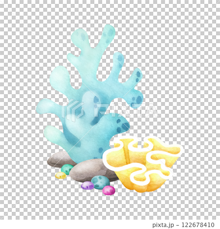 Corals, pebbles, stones watercolor isolated illustration in cartoon style. Hand drawn sea underwater colourful composition in turquoise and yellow colors for kids marine design and nautical prints. 122678410