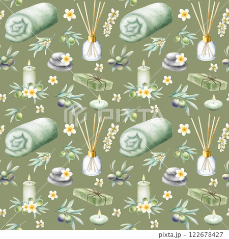 Olive soap aleppo, rolled up towel, candles, aroma diffuser, stack pebbles, frangipani flowers and olive branches. Hand drawn watercolor seamless pattern on dark olive background for spa salon design. 122678427