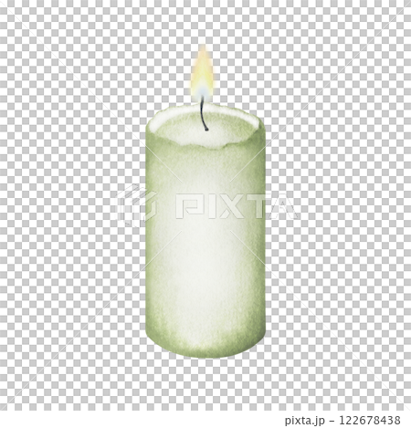 Candle with burning flame in olive color cylindrical shape. Hand drawn watercolor illustration isolated from background for design of greeting invitation, postcard, spa salon. Cozy vintage home decor. Candle with burning flame in olive color cylindrical shape. Hand drawn watercolor illustration isolated from background for design of greeting invitation, postcard, spa salon. Cozy vintage home decor. 122678438