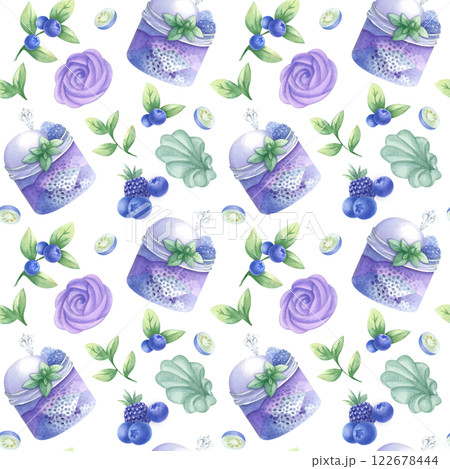 Ice cream and whipped cream in glass jar with blueberry, blackberry, chia seeds and mint, marshmallow with wild berries. Hand drawn watercolor isolated seamless pattern for confectionery design. Ice cream and whipped cream in glass jar with blueberry, blackberry, chia seeds and mint, marshmallow with wild berries. Hand drawn watercolor isolated seamless pattern for confectionery design. 122678444