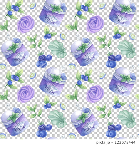 Ice cream and whipped cream in glass jar with blueberry, blackberry, chia seeds and mint, marshmallow with wild berries. Hand drawn watercolor isolated seamless pattern for confectionery design. Ice cream and whipped cream in glass jar with blueberry, blackberry, chia seeds and mint, marshmallow with wild berries. Hand drawn watercolor isolated seamless pattern for confectionery design. 122678444