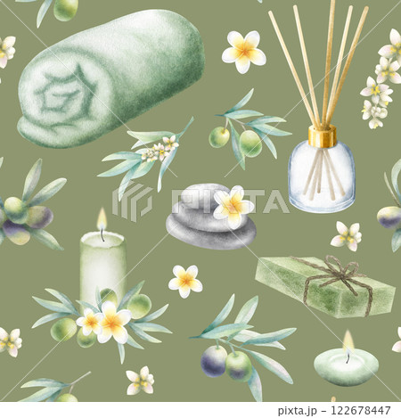 Olive soap aleppo, rolled up towel, candles, aroma diffuser, stack pebbles, frangipani flowers and olive branches. Hand drawn watercolor seamless pattern on dark olive background for spa salon design. Olive soap aleppo, rolled up towel, candles, aroma diffuser, stack pebbles, frangipani flowers and olive branches. Hand drawn watercolor seamless pattern on dark olive background for spa salon design. 122678447