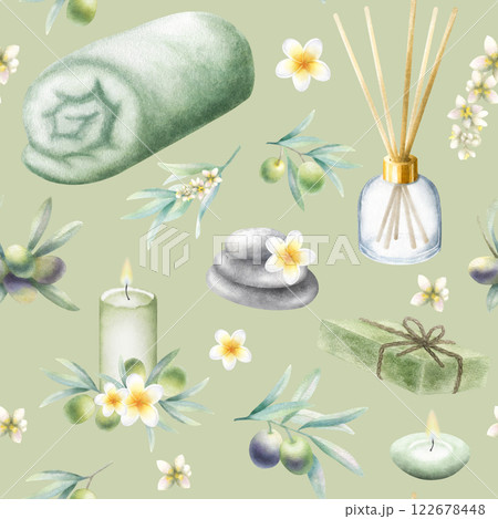 Olive soap aleppo, rolled up towel, candles, aroma diffuser, stack pebbles, frangipani flowers and olive branches. Hand drawn watercolor isolated seamless pattern on olive background for spa design. 122678448