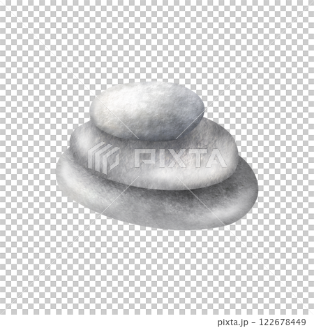 Stack of flat grey Pebbles. Hand drawn watercolor illustration of balancing smooth stones isolated from background. Drawing of rocks for meditation and relaxing. Sketch for spa or Zen design. Stack of flat grey Pebbles. Hand drawn watercolor illustration of balancing smooth stones isolated from background. Drawing of rocks for meditation and relaxing. Sketch for spa or Zen design. 122678449