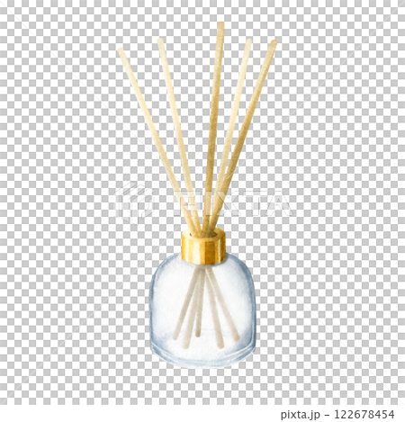 Air refresher diffuser with essential oil and aroma wood sticks. Hand drawn watercolor isolated illustration of home fragrance. Drawing for spa or zen design. Sketch of essential perfume for relax. 122678454
