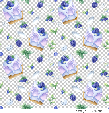 Cakes with blueberry, blackberry and mint, wild berries and silver spoons watercolor isolated seamless pattern. Hand drawn illustration in purple and green color for kitchen textile, design of pastry. Cakes with blueberry, blackberry and mint, wild berries and silver spoons watercolor isolated seamless pattern. Hand drawn illustration in purple and green color for kitchen textile, design of pastry. 122678456
