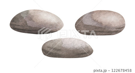 Underwater sea pebbles watercolor isolated illustration set in cartoon style. Hand drawn ocean undersea stones in monochrome brown color oval shape for outdoor, landscape, marine and nautical design. Underwater sea pebbles watercolor isolated illustration set in cartoon style. Hand drawn ocean undersea stones in monochrome brown color oval shape for outdoor, landscape, marine and nautical design. 122678458