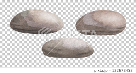 Underwater sea pebbles watercolor isolated illustration set in cartoon style. Hand drawn ocean undersea stones in monochrome brown color oval shape for outdoor, landscape, marine and nautical design. 122678458