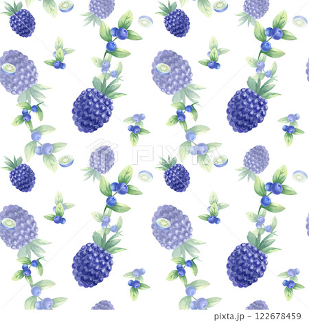 Blueberry and blackberry watercolor seamless pattern. Hand drawn isolated illustration juicy wild berries bilberry and dewberry for kitchen textile, fabric, food packaging, healthy food and recipes. Blueberry and blackberry watercolor seamless pattern. Hand drawn isolated illustration juicy wild berries bilberry and dewberry for kitchen textile, fabric, food packaging, healthy food and recipes. 122678459