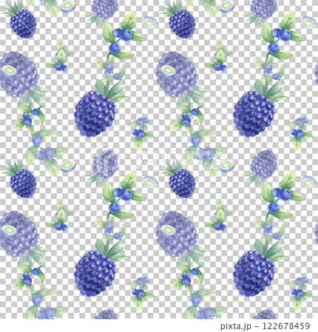 Blueberry and blackberry watercolor seamless pattern. Hand drawn isolated illustration juicy wild berries bilberry and dewberry for kitchen textile, fabric, food packaging, healthy food and recipes. 122678459