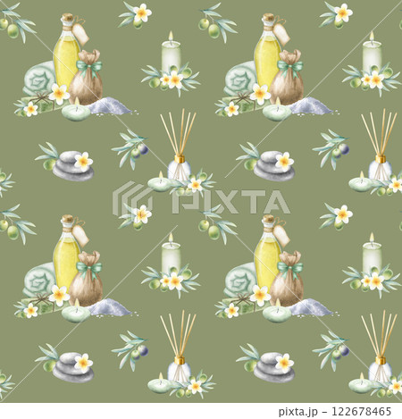 Olive oil, soap aleppo, sea salt, rolled up towel, candles, frangipani flowers and olive branches. Hand drawn watercolor isolated seamless pattern on dark olive color for package, spa salon design. 122678465