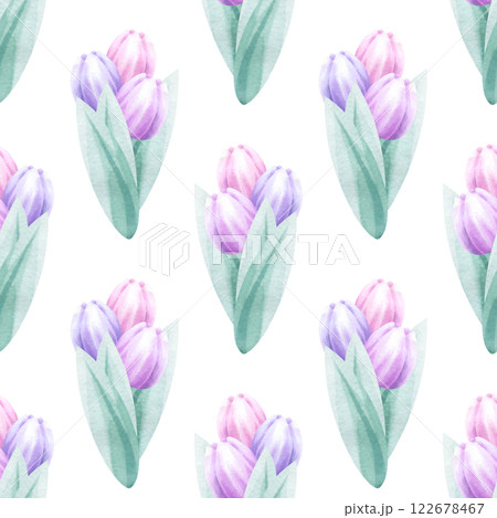 Bouquets of pink and lilac tulips watercolor seamless pattern isolated from background. Hand draw delicate pastel flower illustration for Mother and Women Day design, textile, fabric and packaging. 122678467