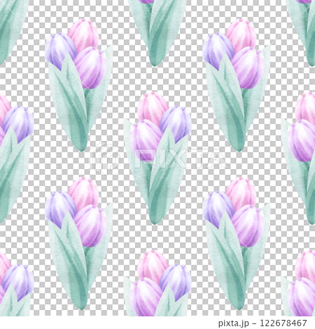 Bouquets of pink and lilac tulips watercolor seamless pattern isolated from background. Hand draw delicate pastel flower illustration for Mother and Women Day design, textile, fabric and packaging. 122678467