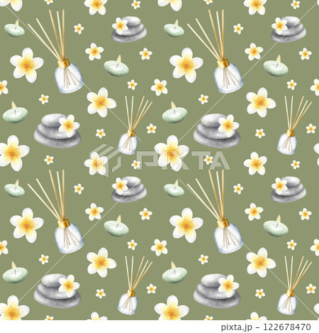 Aroma diffuser, candles, plumeria flowers and stack pebbles. Hand drawn watercolor seamless pattern with frangipani on dark olive color for packaging, textile, fabric, stationery, spa salon design. 122678470