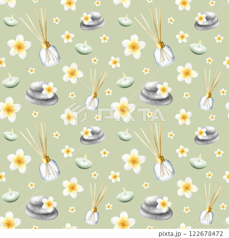 Aroma diffuser, candles, plumeria flowers and stack pebbles. Hand drawn watercolor seamless pattern with frangipani on light olive color for packaging, textile, fabric, stationery, spa salon design. Aroma diffuser, candles, plumeria flowers and stack pebbles. Hand drawn watercolor seamless pattern with frangipani on light olive color for packaging, textile, fabric, stationery, spa salon design. 122678472