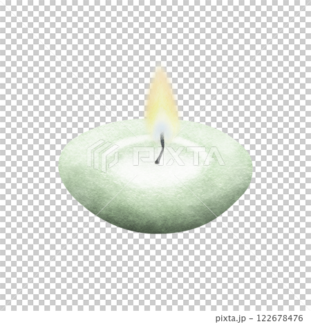 Candle with burning flame in green color round shape. Hand drawn watercolor illustration isolated from background for design of greeting invitations, postcards, spa salon. Cozy vintage home decor. Candle with burning flame in green color round shape. Hand drawn watercolor illustration isolated from background for design of greeting invitations, postcards, spa salon. Cozy vintage home decor. 122678476